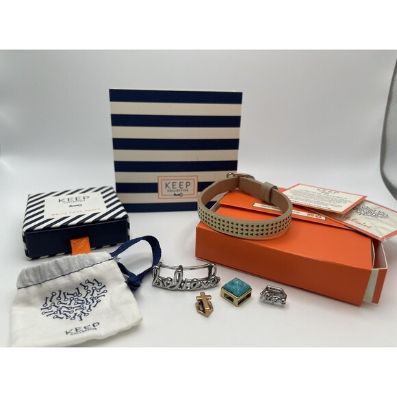 Keep Collective Single Leather Band Triangle Perf In Natural Tan & 4 Charm Lot - Picture 1 of 10